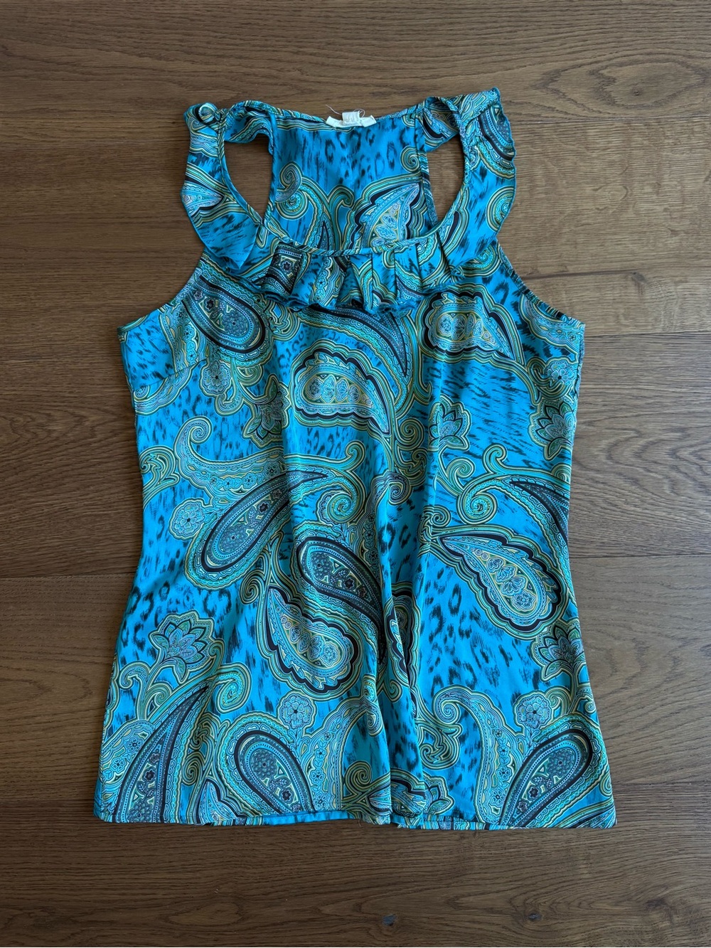 Y2K Sleeveless Paisley Ruffle Neck Top - Turquoise